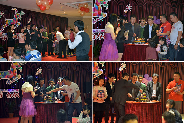 为生日的员工送上蛋糕，，董事长还为寿星们送上细腻礼物